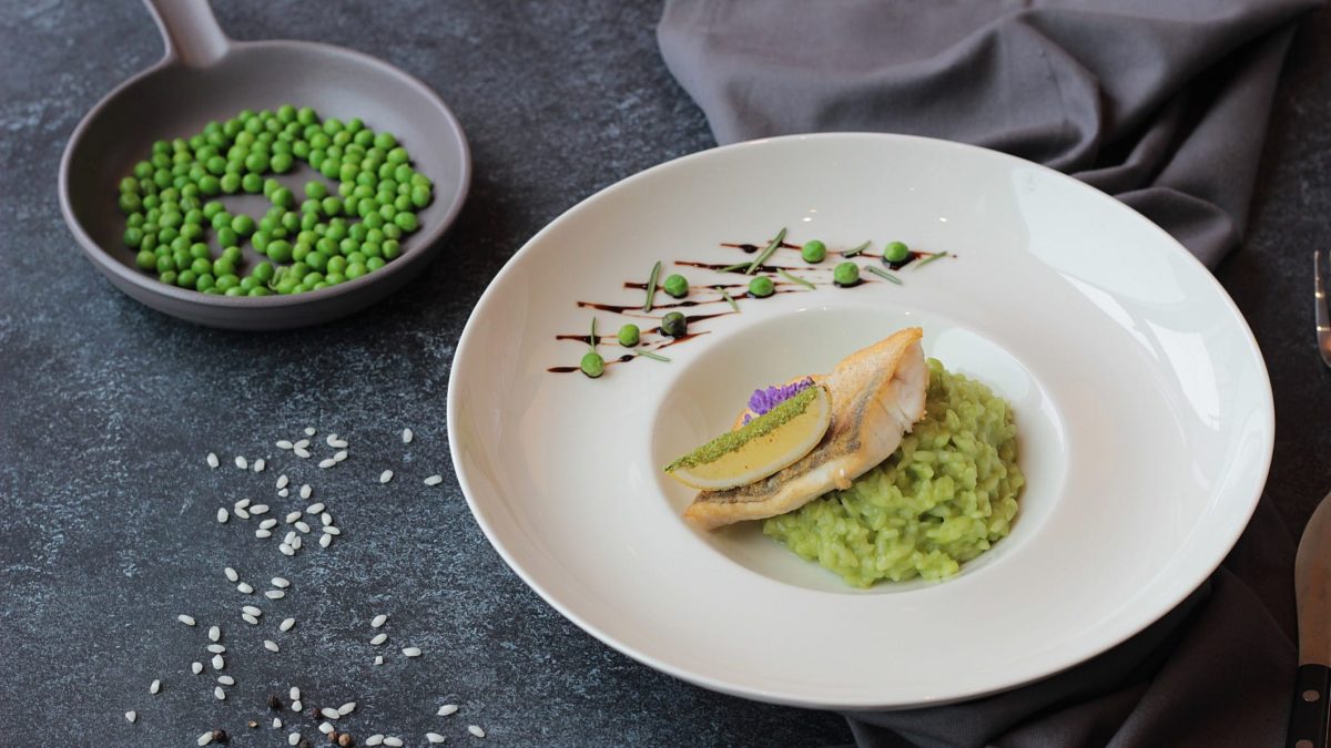 Meerbarbenfilet auf Erbsenrisotto