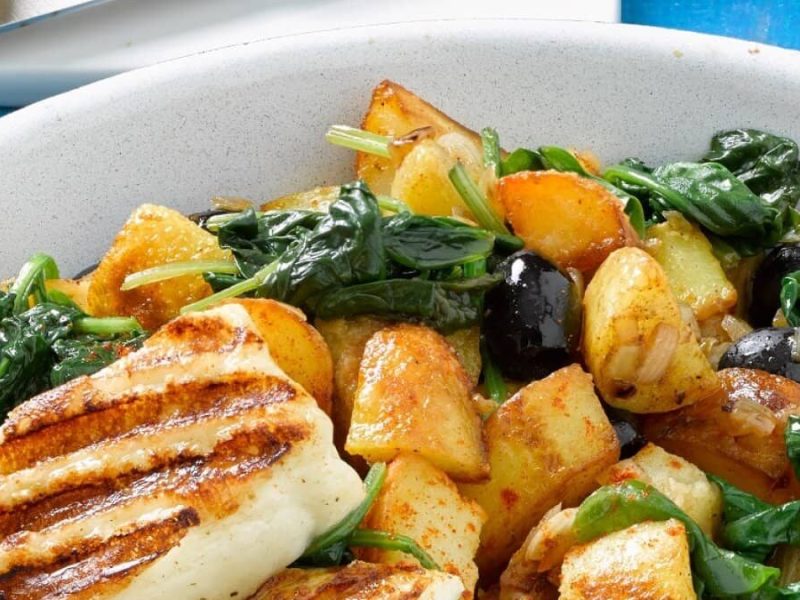 Wenn Sie in Ihrer Kartoffel-Spinat-Pfanne mit Halloumi keine Oliven mögen