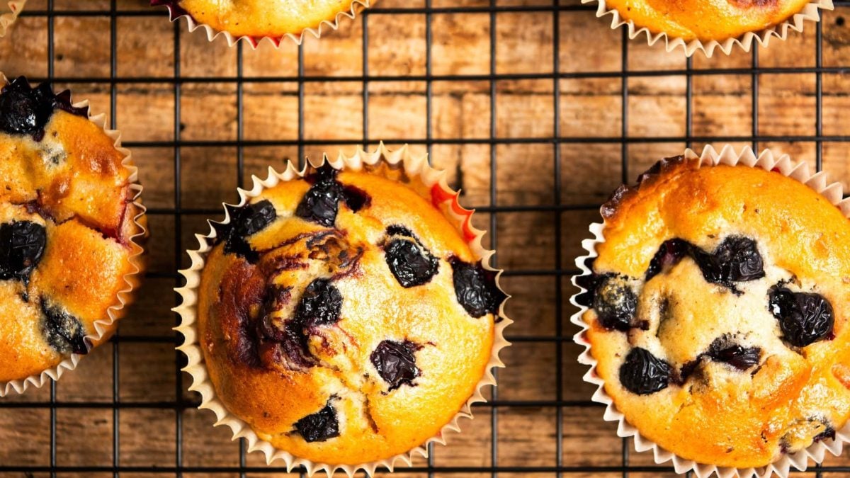 Muffins mit Aroniabeeren auf einem Rost. Das Rost steht auf einem hölzernen Untergrund.