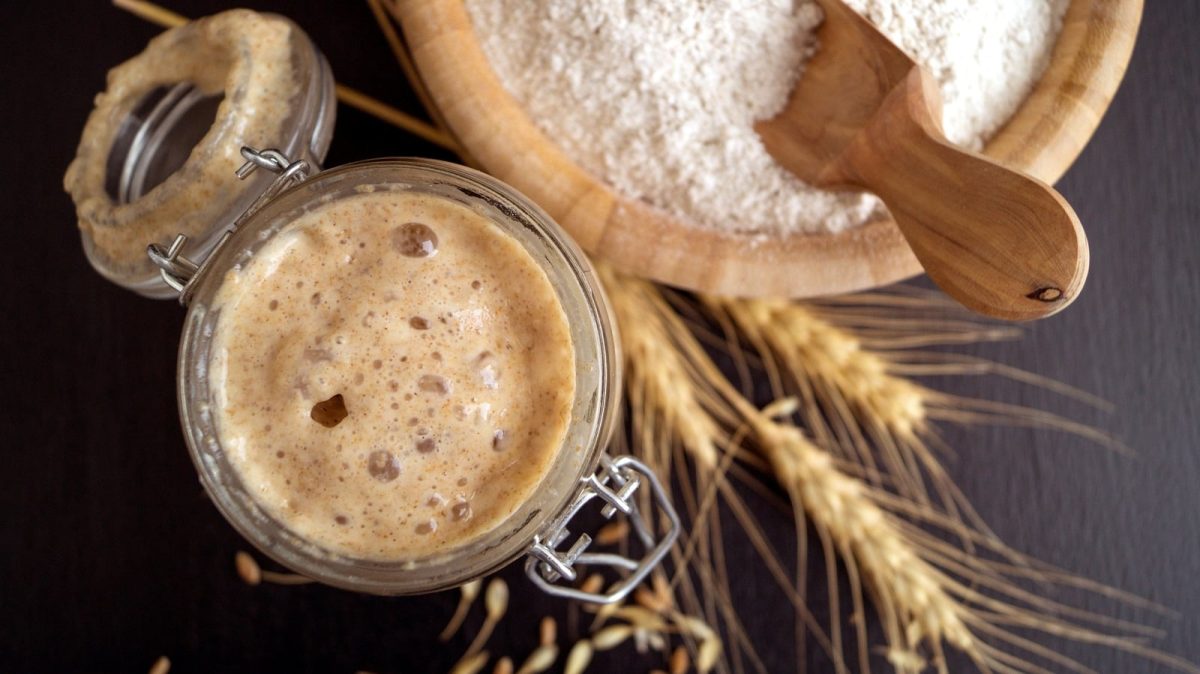 Angesetzter Sauerteig in einem geöffneten Glas neben einer Holzschüssel mit Mehl und Weizen-Ähren, von oben, vor dunklem Hintergrund.