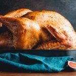 Vor einem dunklen Hintergrund liegt eine gebratene Gans. Diese ist an den Flügeln gebunden, was man auch bridieren nennt.