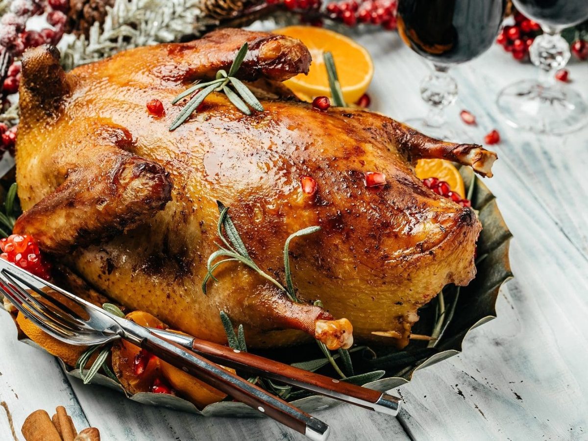 Auf einer weißen Platte liegt ein Gänsebraten.