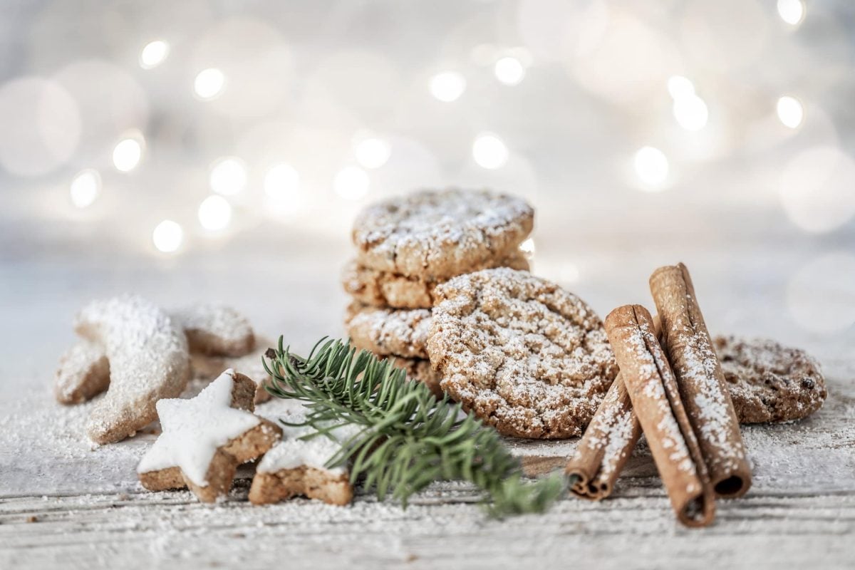 Verschiedene vegane Plätzchen vor hellem Hintergrund und mit Puderzucker bestreut, außerdem ein paar Zimtstangen und Tannengrün.
