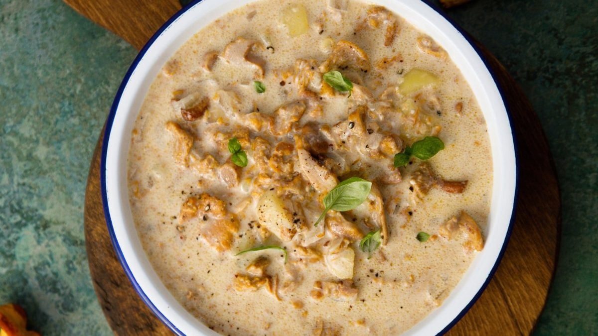 Aus der Vogelperspektive: Eine Schale Kartoffelsuppe mit Pfifferlingen