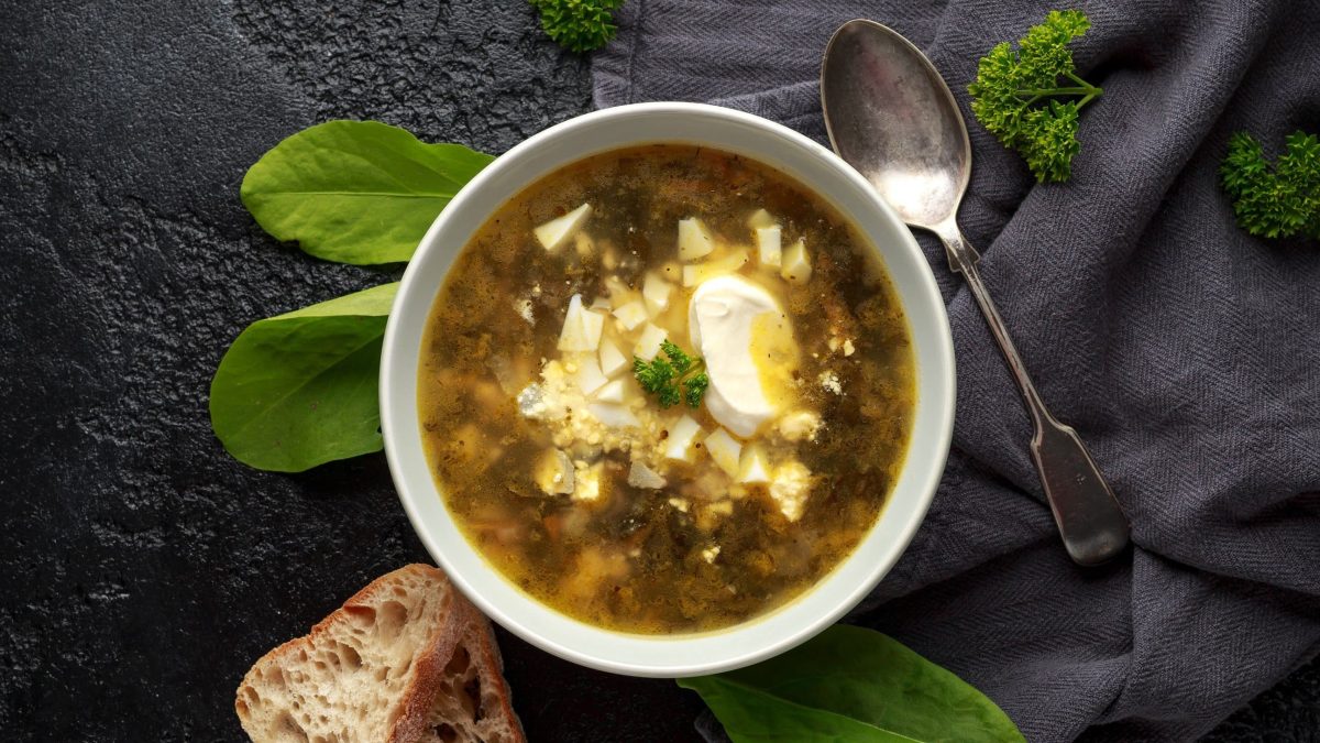 Dampfende Sauerampfer-Suppe in einer weißen Schüssel, umgeben von frischem Sauerampfer, Brot und Petersilie. Die Brühe ist dabei garniert mit gehacktem Sauerampfer, Kartoffeln und gekochtem Ei