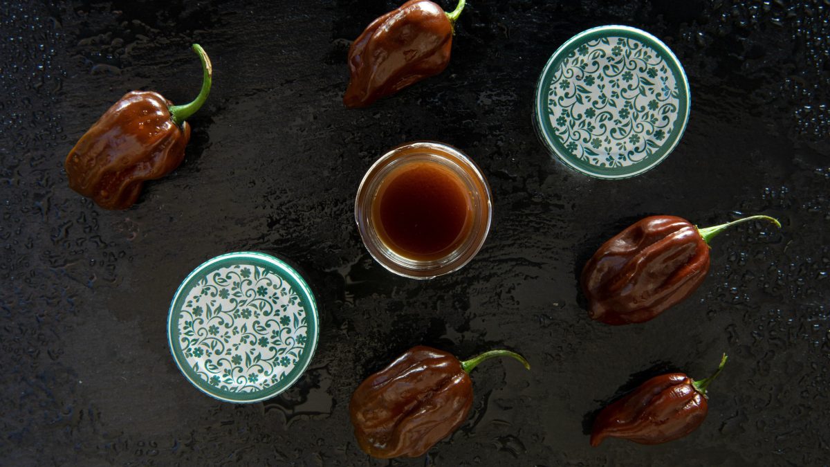 Habanero Barbecue-Sauce in Glasschälchen auf schwarzem Untergrund. Daneben zwei Servierscheiben mit floralem Muster. Frische Habaneros um die Schälchen dekoriert. Aufnahme aus der Vogelperspektiv.
