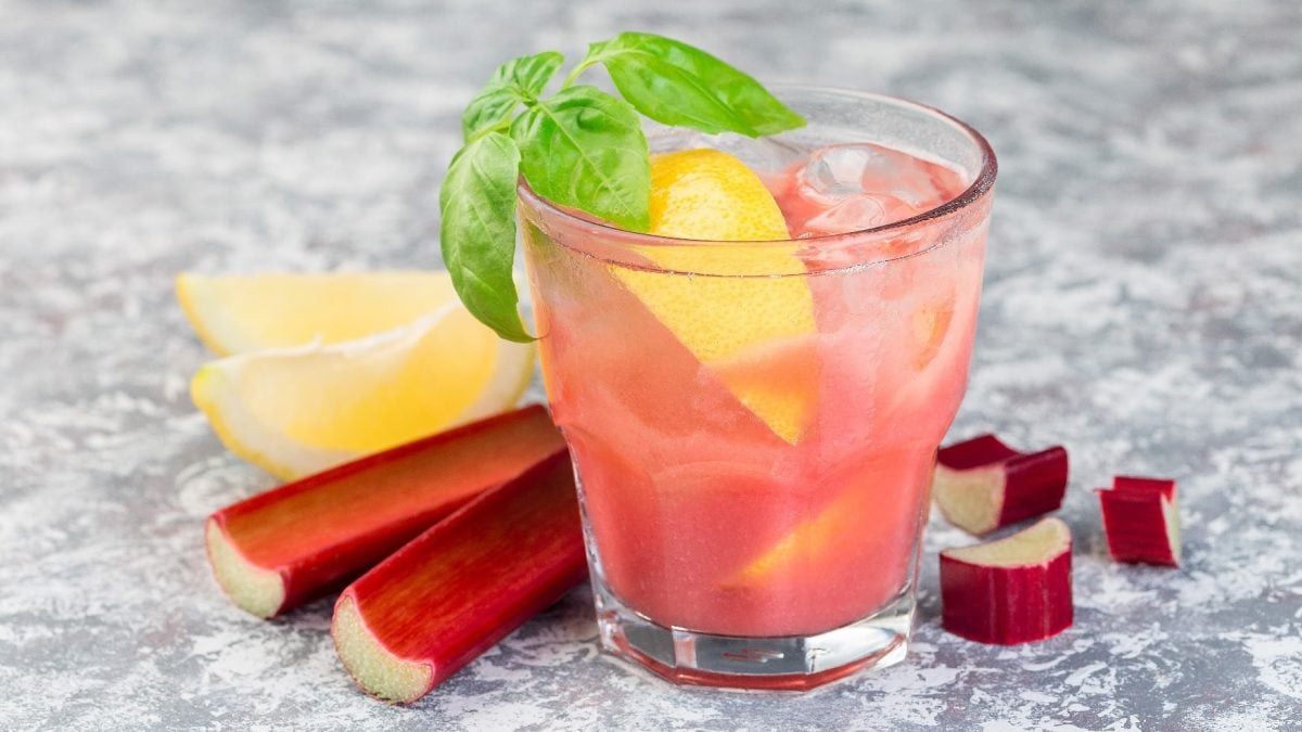 Ein rosa Drink mit Rhabarber und Zitrone auf grauem Steinuntergrund.