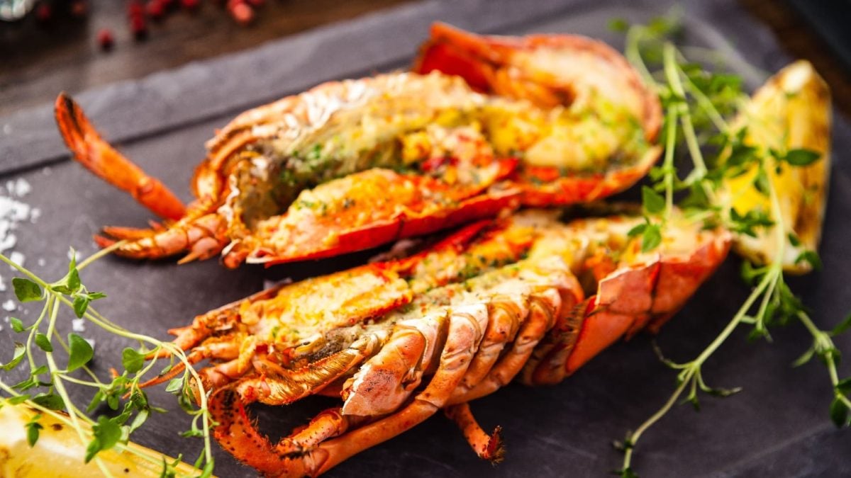 Zwei gegrillte Hummerschwänze auf einer schwarzen Schieferplatte mit Thymian und Zitrone.