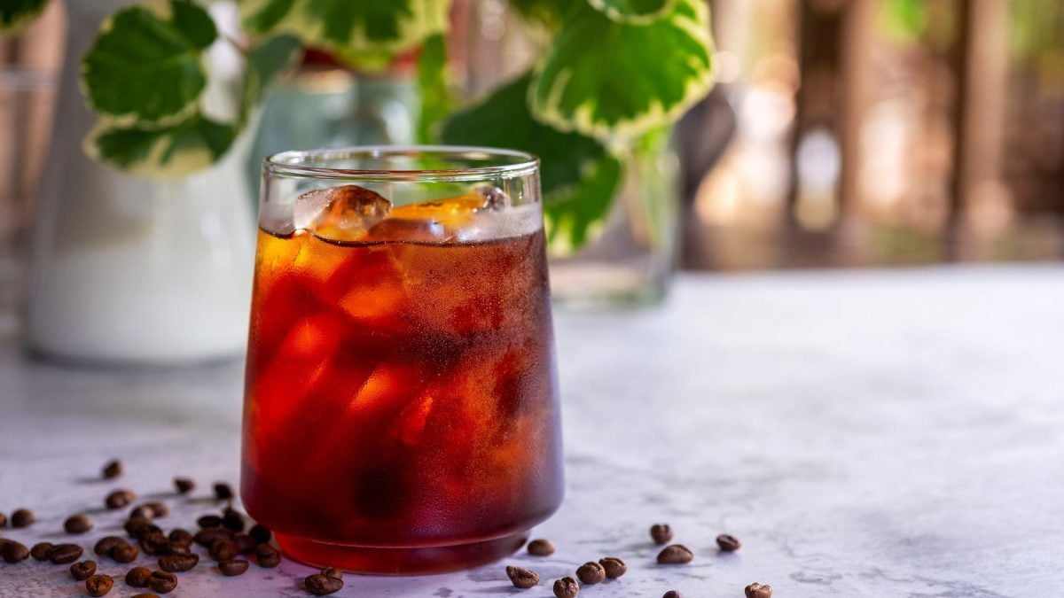 Ein Glas Iced Americano mit Eiswürfeln, darum herum liegen Kaffeebohnen, im Hintergrund stehen Pflanzen.