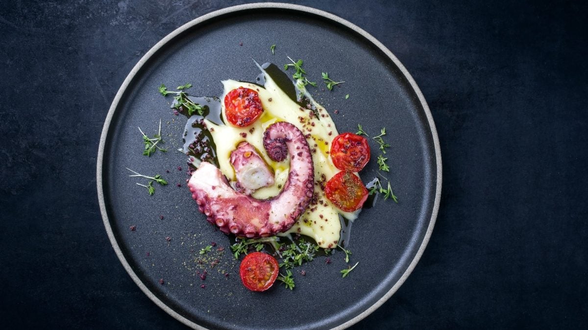Ein schwarzer Teller mit heller Creme, Oktopus, Kirschtomaten und grünem Öl auf schwarzem Teller und schwarzem Untergrund in der Draufsicht.