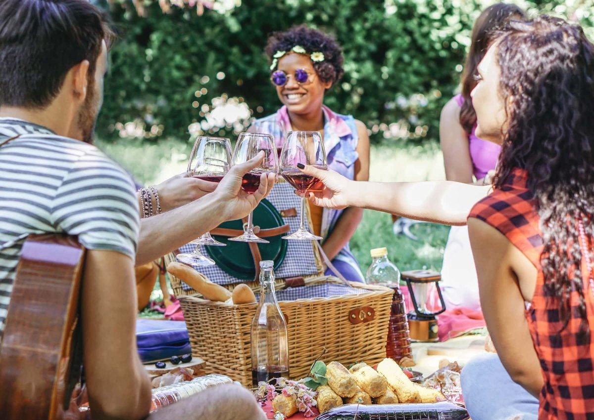 Picknickrezepte: Eine Gruppe von Freunden trifft sich am Tag des Picknick und stößt mit Weingläsern an