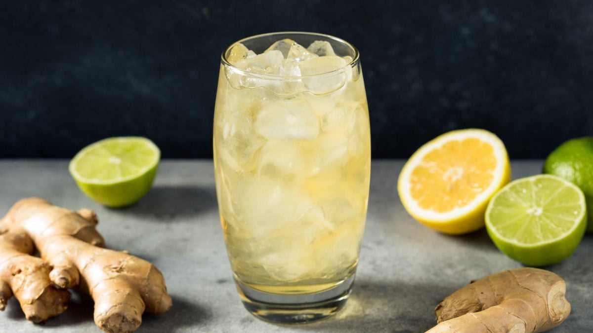 Ein Glas mit Ginger Beer und Eis auf einem grauen Tisch mit Ingwer und Zitrusfrüchten.