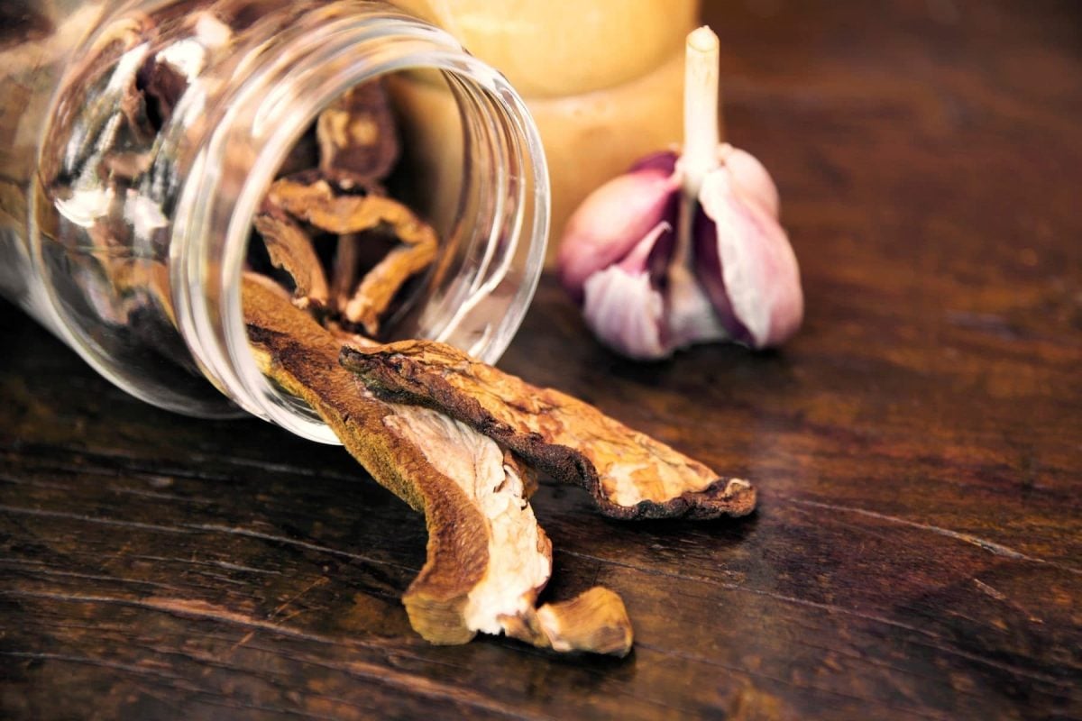Steinpilze trocknen getrocknete Steinpilze im Glas auf Holztisch. Daneben Knoblauch. Frontalansicht.