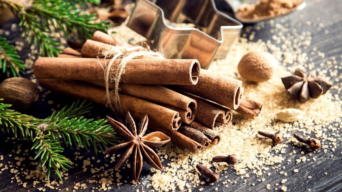 Lebkuchen-Gewürz., in seiner Rohform dargestellt durch Zimtstangen, Sternanis, Muskatnuss und braunen Zucker auf einem steinernen Tisch mit Tannennadeln.