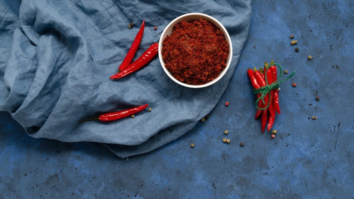 Eine weiße Schüssel mit Harissa auf einem grauen Untergrund.