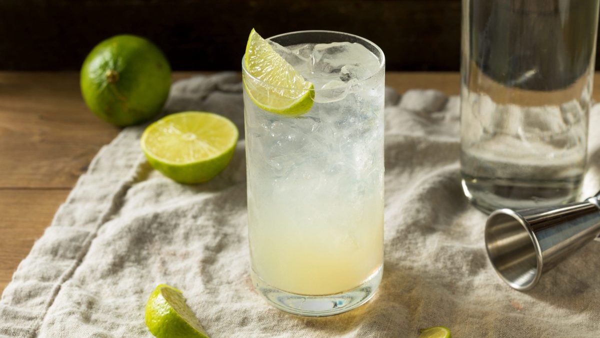 Ein Glas Gin Rickey, ein Drink mit Gin, Limettensaft und Eis, drunkerum Limetten.