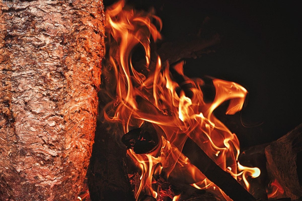 Deutschlands beste Döner Lieferando Dönerspieß neben dynamischer Flamme vor schwarzem Hintergrund. Frontalaufnahme.