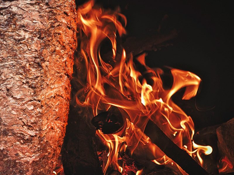 Deutschlands beste Döner Lieferando Dönerspieß neben dynamischer Flamme vor schwarzem Hintergrund. Frontalaufnahme.