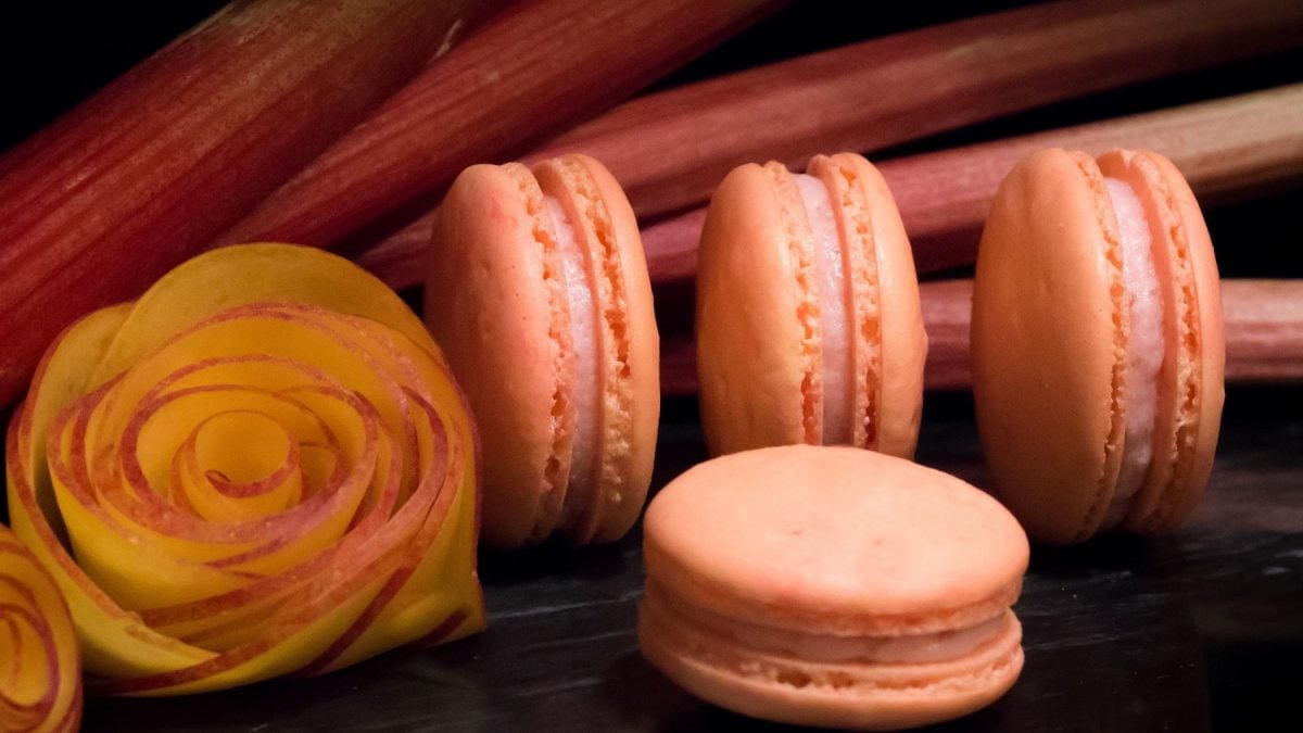 Vier gefüllte Macarons auf einem dunklen-schwarzen Hinter- und Untergrund mit Rhabarberstangen.