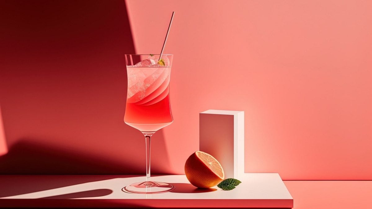 Ein Glas Sarti Spritz mit Eiswürfeln und einer Limette, daneben liegt eine angeschnittene Blutorange,