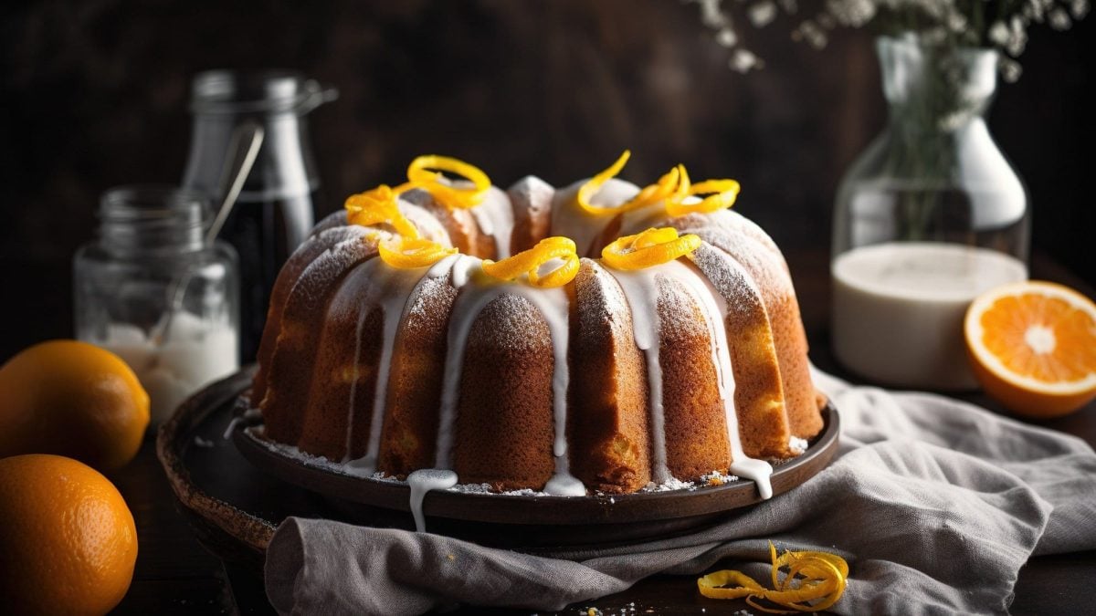 Ein Aperol-Guglhupf mit Orangenzesten und Zuckerguss verziert.