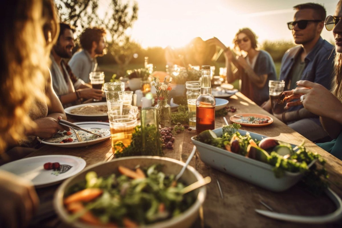 Draußen essen in Berlin: ein paar Freunde sitzen draußen an einem gedeckten Holztisch.