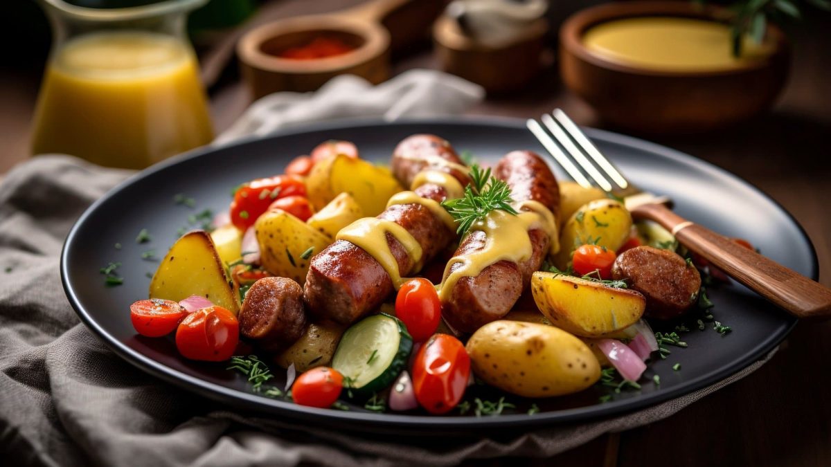 Ein Teller Bratwurstsalat mit Pfannengemüse und Senfdressing.