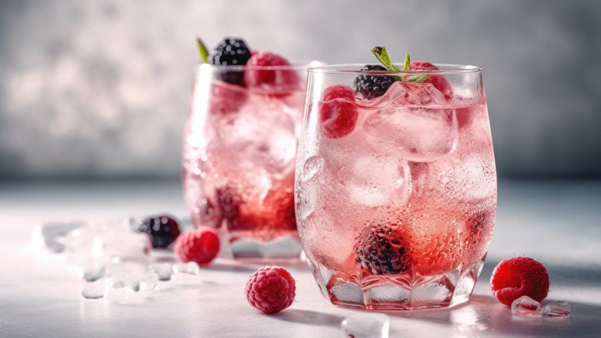Zwei Gläser Lillet Spritz mit Beeen und Eis und Minze, drumherum geschmolzene Eiswürfel und Beeren.