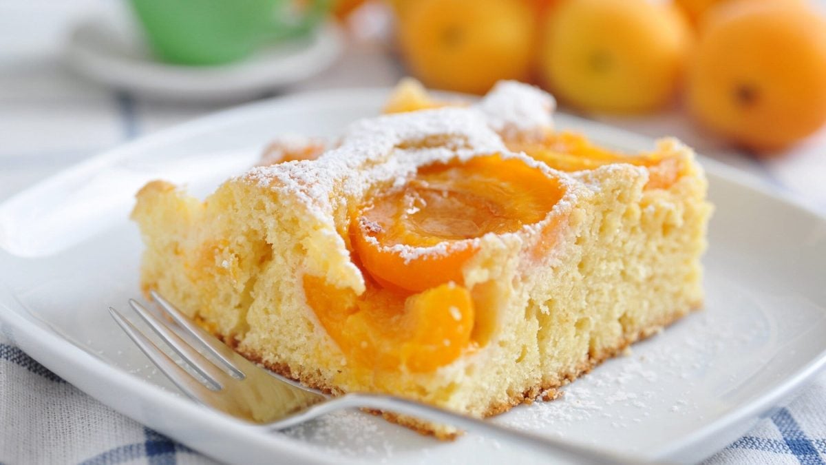 Ein Stück Marillen-Kuchen mit Marzipan vom Blech liegt auf einem weißen Teller. Dahinter liegen einzelne Marillen.