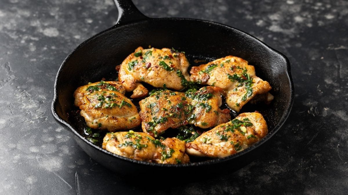 Eine schwarze gusseiserne Pfanne mit Chimichurri Chicken auf einem dunklen Untergrund.