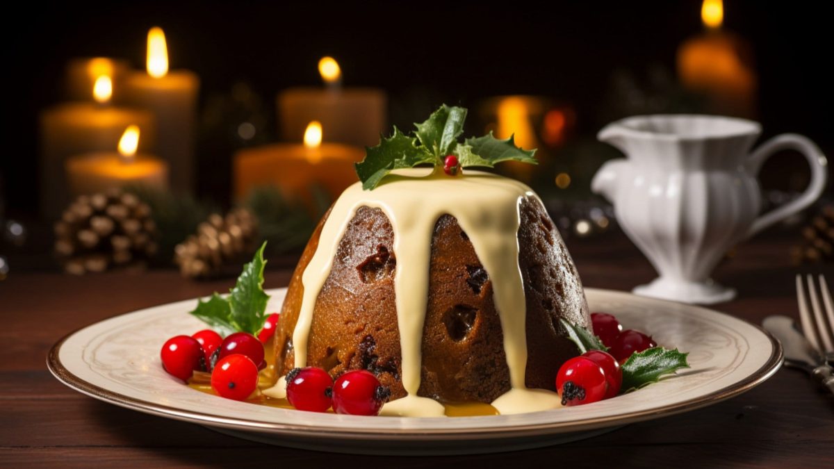 Frontal: Britischer Christmas Plum vor weihnachtlicher Kulisse, der mit Brandy-Butter übergossen wurde.