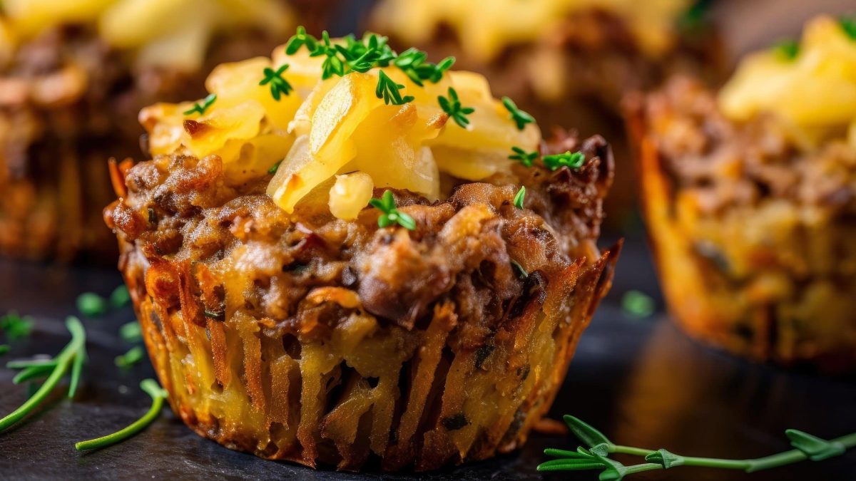 Frontal: Hackfleisch-Muffins mit einem Bratkartoffel-Topping.