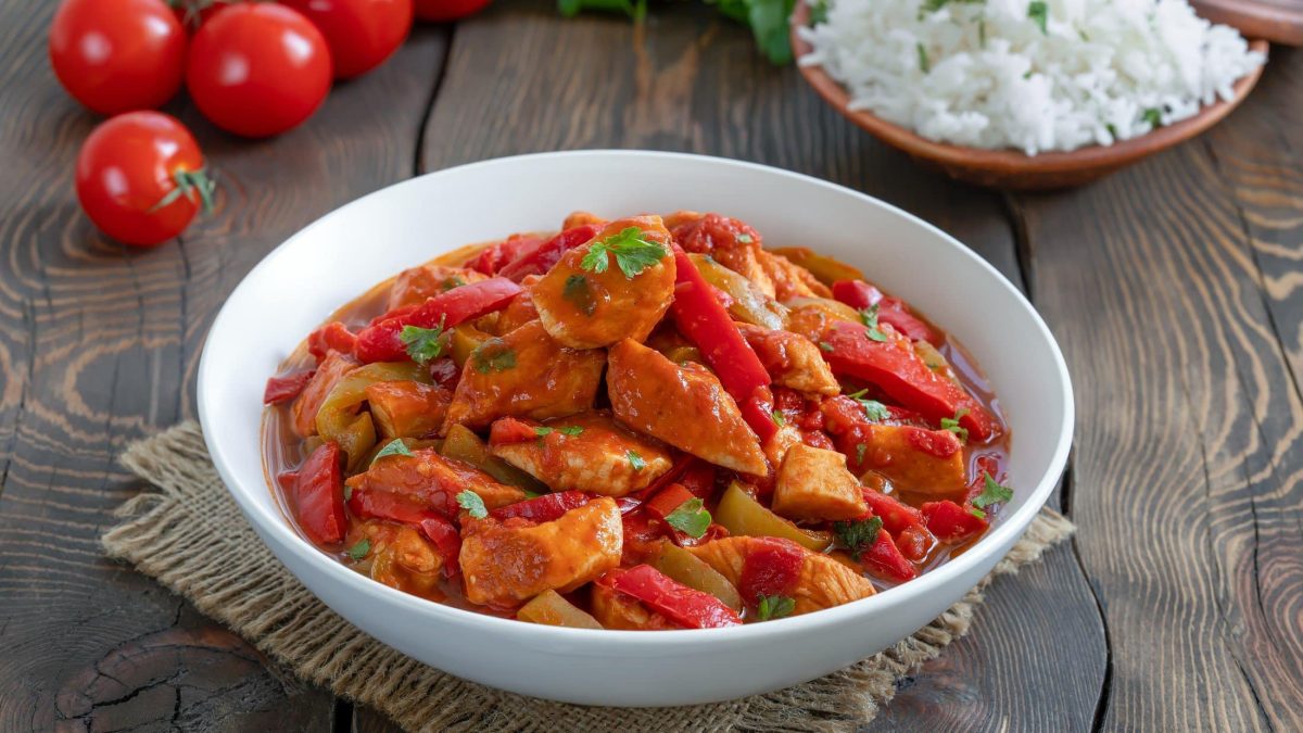 Draufsicht, schräg: Ein weißer, halbhoher Teller mit Hühnchen, Paprika und Tomaten steht auf einem Holztisch. Drum herum liegen frische Tomaten und frische Petersilie. / Tavuk Sote. Die türkische Hähnchenpfanne mit Paprika