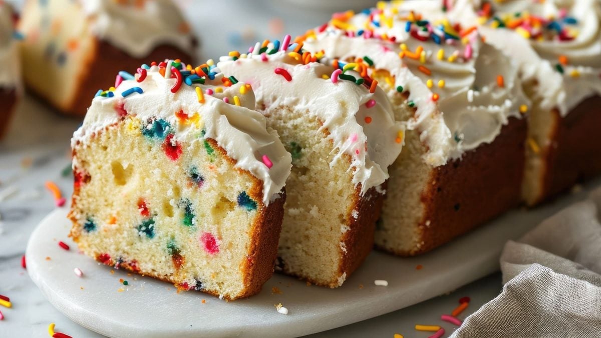Veganer Funfetti Cake mit weißem Frosting und bunten Streuseln angeschnitten auf weißem Untergrund.