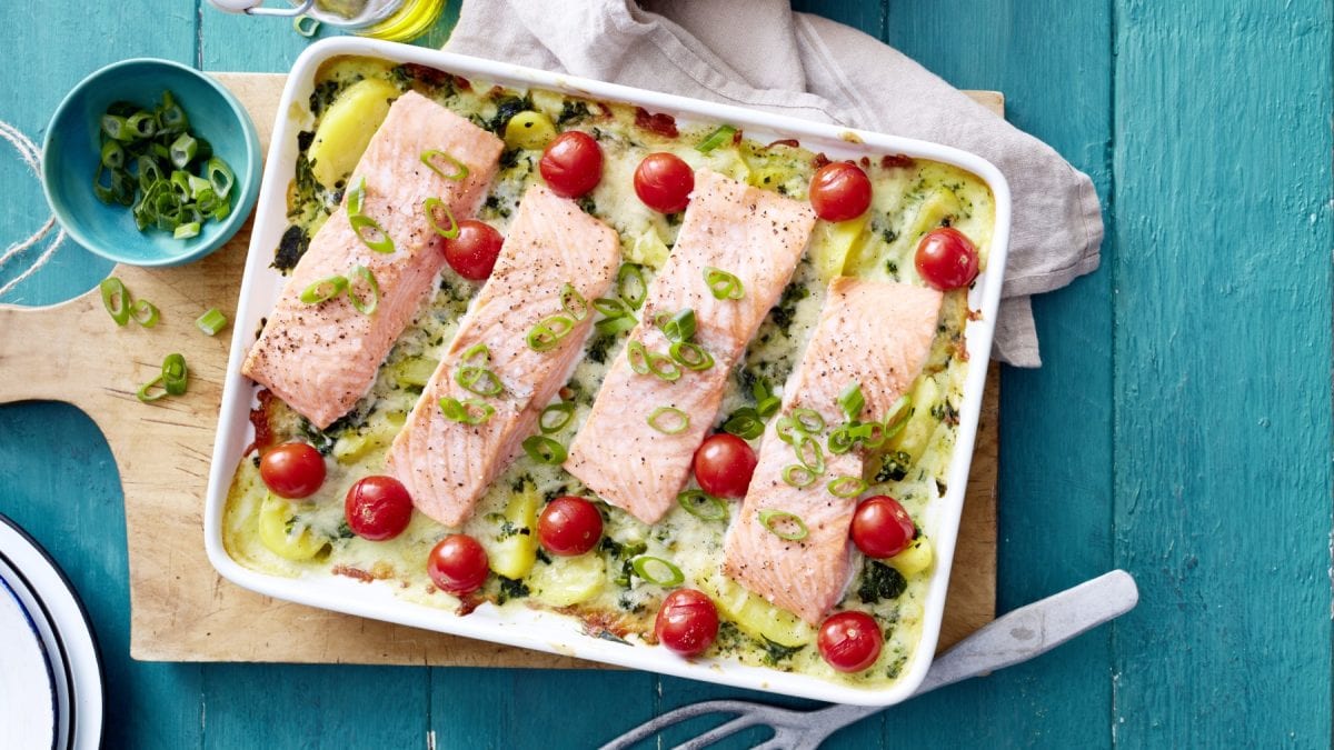 Draufsicht: Kartoffel-Spinat-Gratin mit Lachs und Tomaten in weißer Ofenform auf blauem Untergrund.