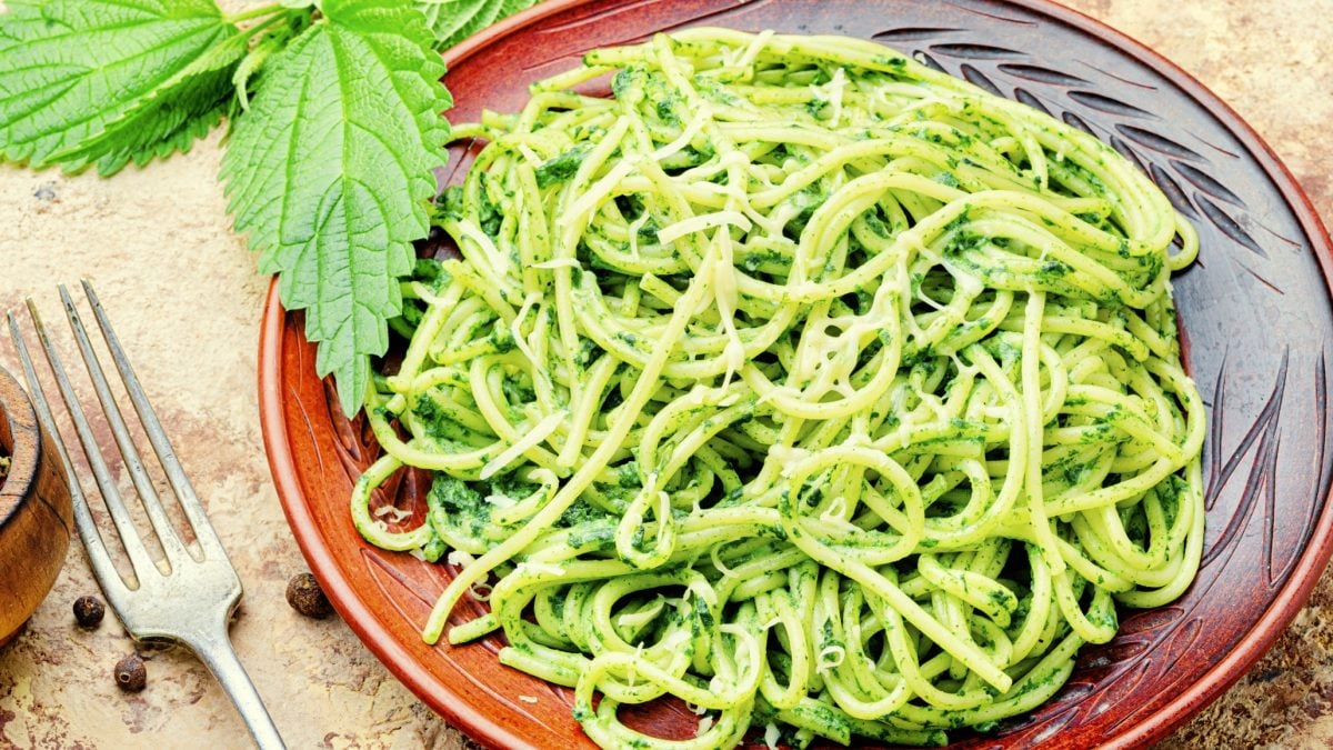 Ein brauner Teller mit dem Brennnesselpesto auf einem Holztisch mit frischer Brennnessel und Parmesan.