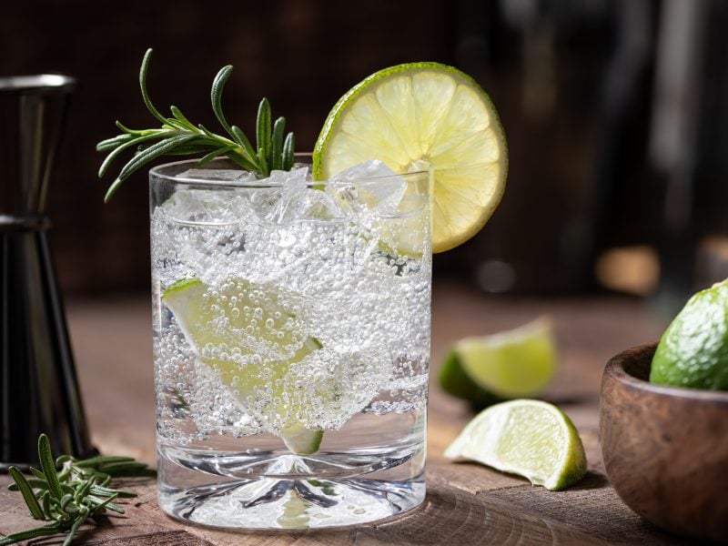 Gin Tonic ohne Fehler mit Garnitur vor Barmaß und Limetten.