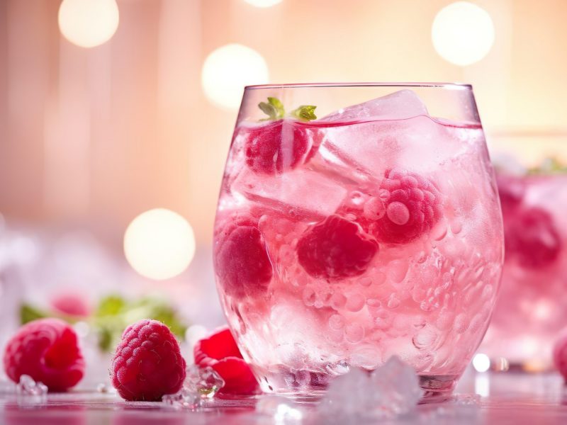 Drink mit Lillet blanc in einem Glas mit frischen Himbeeren und Eis.