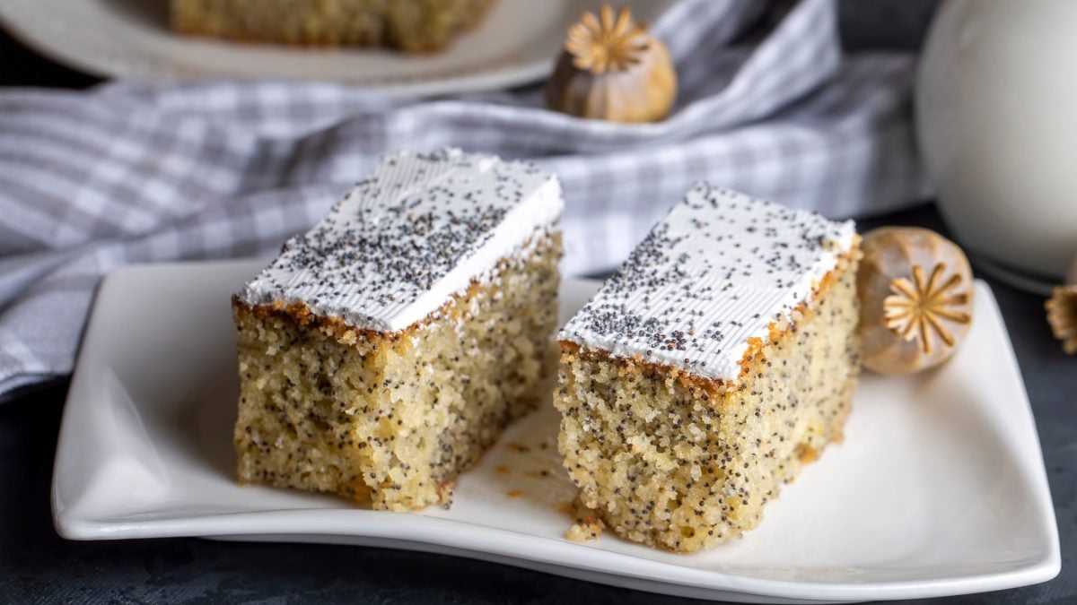 Draufsicht, schräg: Zwei Schnitten türkischer Mohnkuchen vom Blech auf einer weißen Servierplatte aus Porzellan. Dahinter liegt ein grablau-weiß-kariertes Tuch.