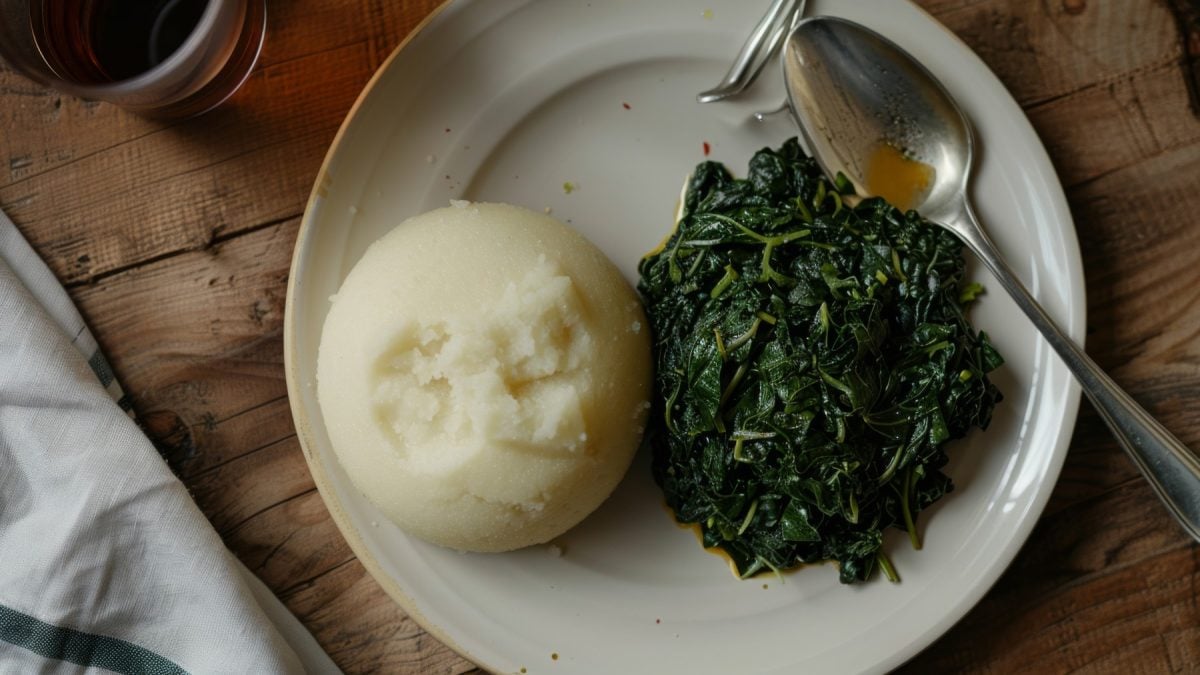 Ugali mit Sukama Wiki auf einem weißen Teller auf braunem Hintergrund.