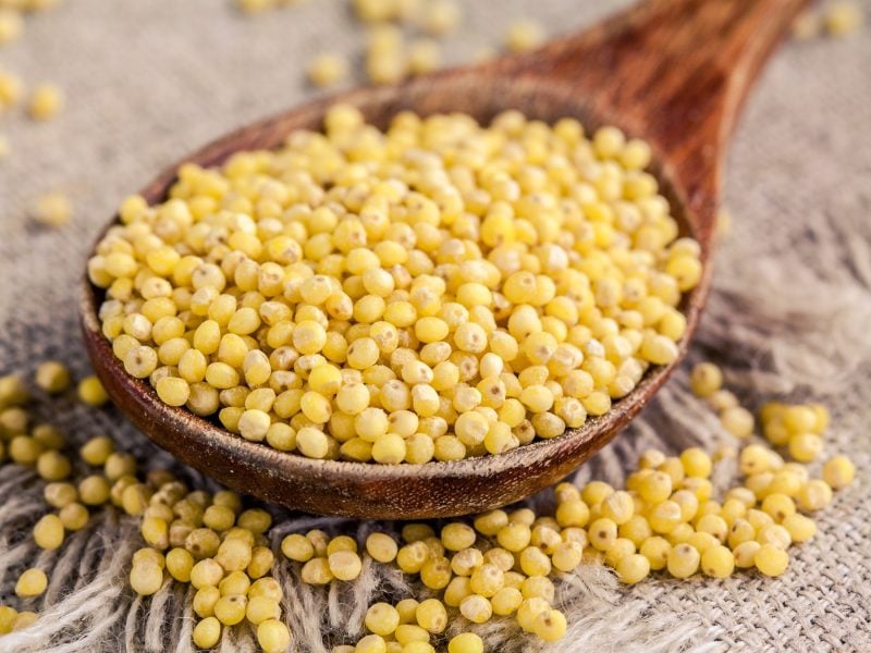 Ptitim-Couscous auf einem Holzlöffel. / Ptitim verteilt auf Sackleinen / Frontal/
