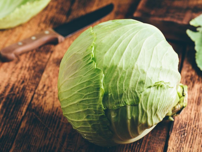 Draufsicht; Holzboden, ein ganzer Weißkohl