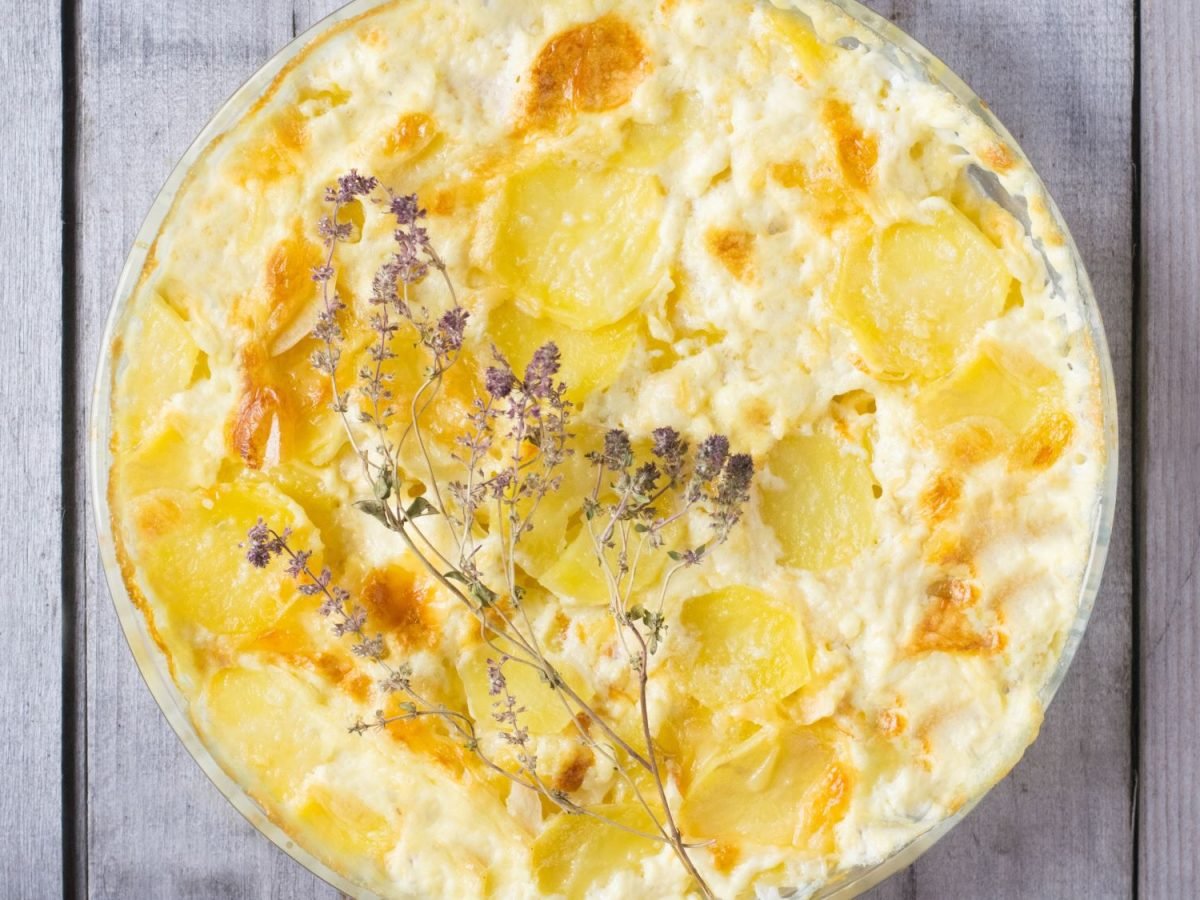 Überbackene Kartoffelröschen in cremiger Béchamelsauce mit goldbrauner Kruste in rechteckiger Auflaufform auf Bastuntersetzer.