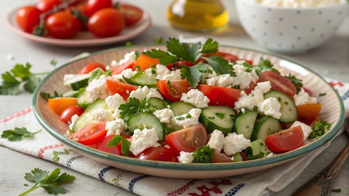 Draufsicht, schräg: Ein Teller mit Tomaten, Hüttenkäse, Gurken und Petersilie. Im Hintergrund eine Schale mit frischen Tomaten. frische Petersilienblätter.