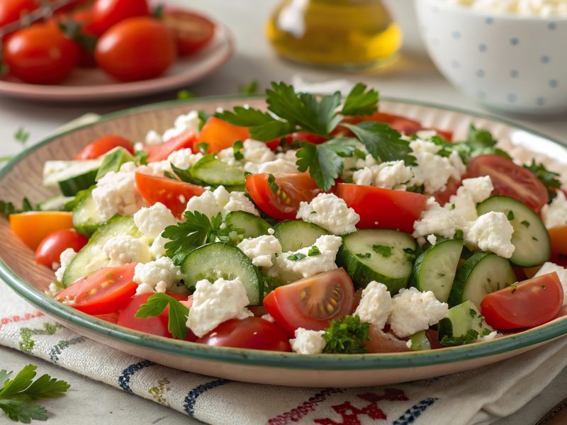 Draufsicht, schräg: Ein Teller mit Tomaten, Hüttenkäse, Gurken und Petersilie. Im Hintergrund eine Schale mit frischen Tomaten. frische Petersilienblätter.