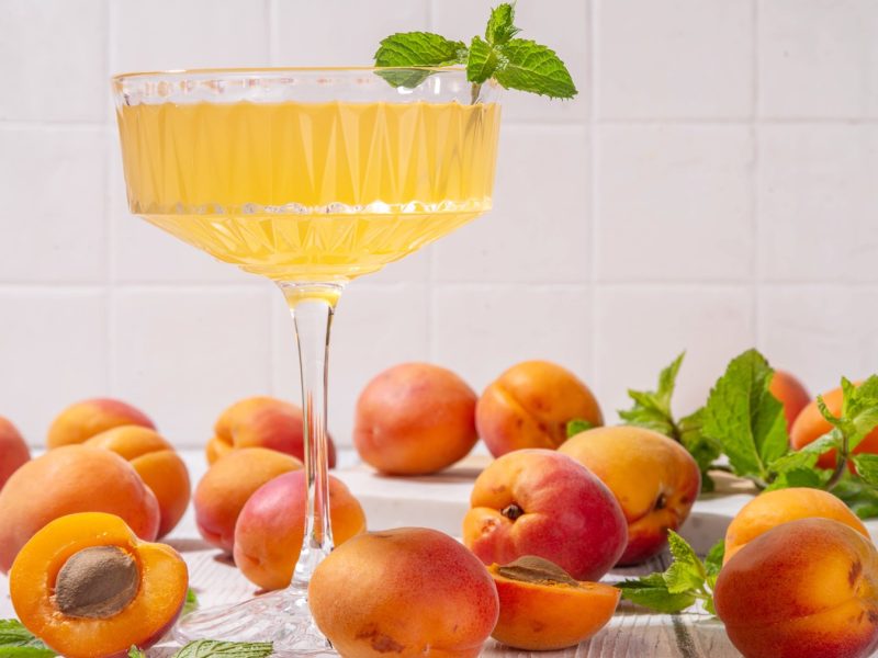 Aprikosen-Mandarinen-Martini in einem eleganten Cocktailglas umgeben von frischen und angeschnittenen Aprikosen.