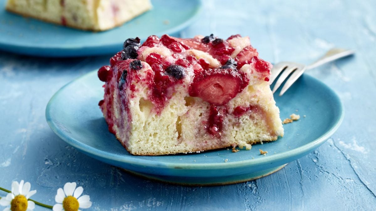 Beeren-Buttermilch-Kuchen auf einem blauen Teller vor blauem Hintergrund. Links unten Gänseblümchen.