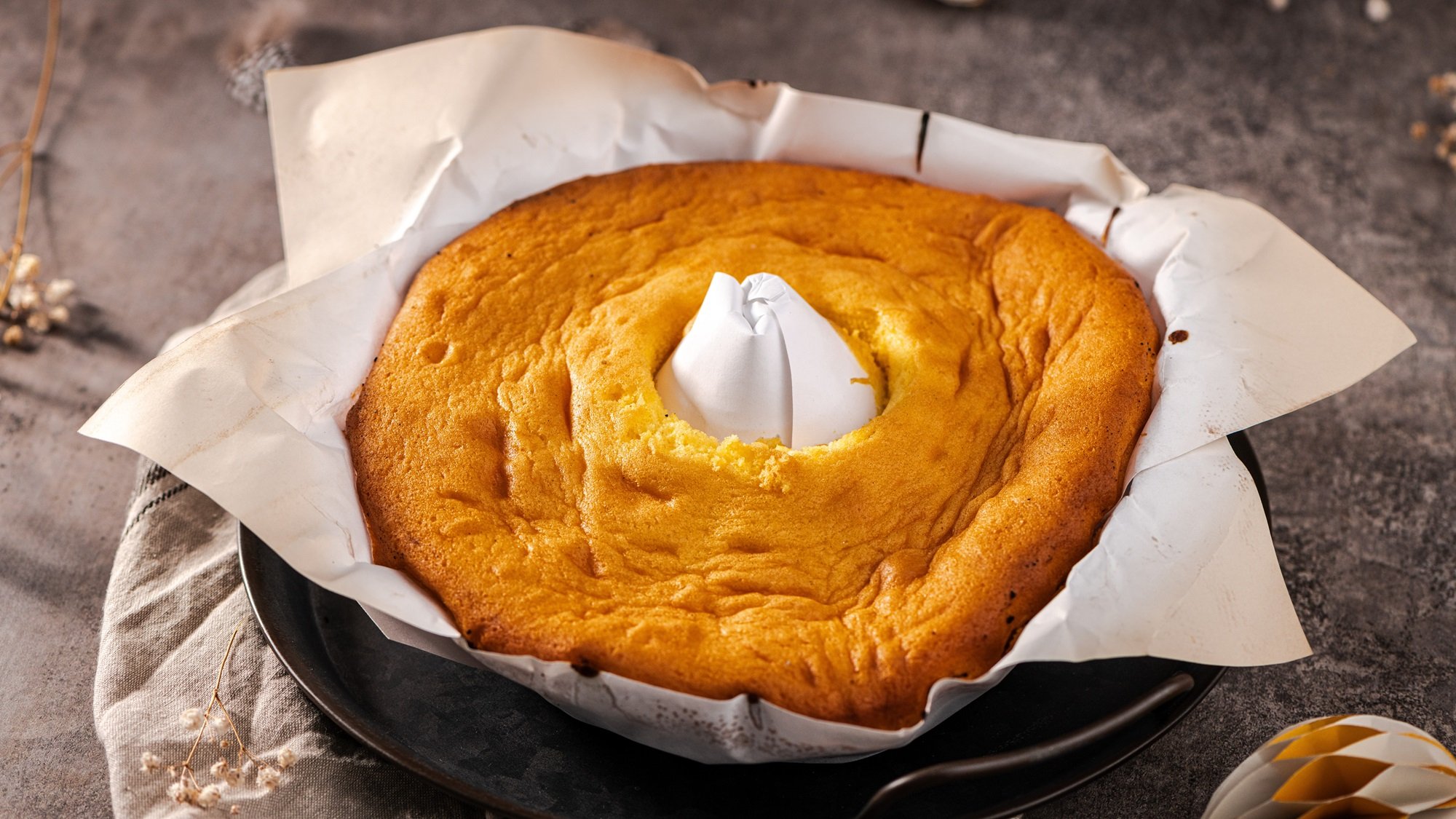Traditioneller portugiesischer Kuchen mit luftiger, rissiger Oberfläche in runder Form auf stilvoll gedecktem Tisch.